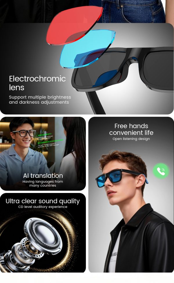 New Fashion Electronic Smart Touch Sensitive Controlled Dimming Color Changing Glasses for Music Calls Wireless Audio Headphones
